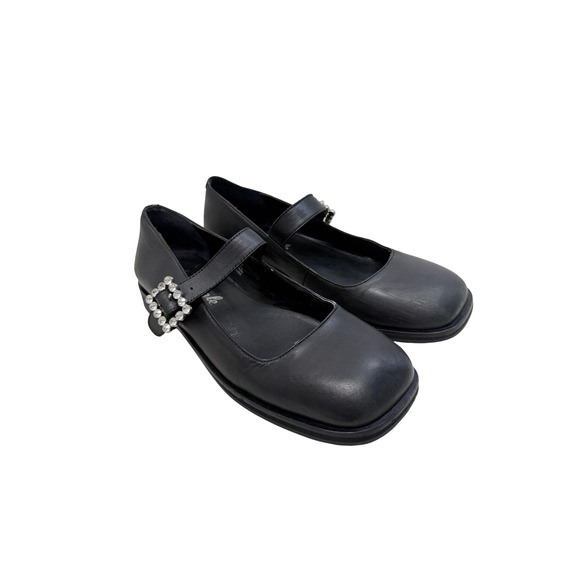 Free People Shoes - Free People Black Leather Square Toe Rhinestone Buckle Mary Jane Flats 7.5